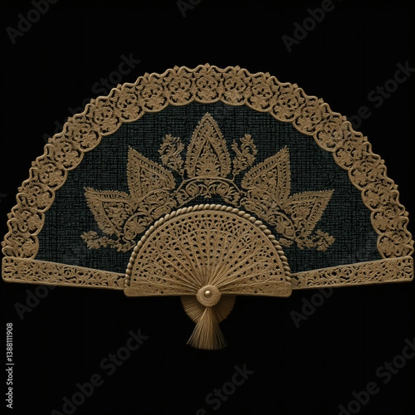 Obraz Intricate decorative hand fan with lace detailing and a striking dark background