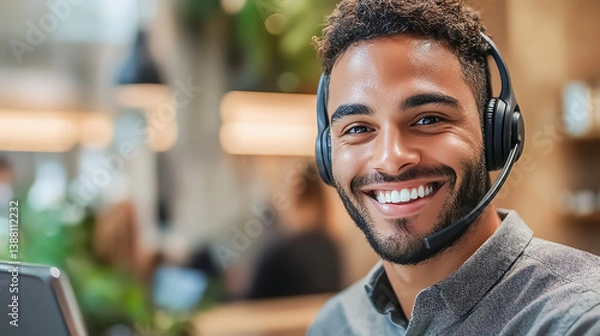 Obraz Smiling customer support representative in a relaxed yet professional environment, headset adjusted, highquality lighting for an inviting look