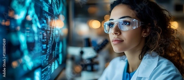 Fototapeta Young Hispanic female scientist in lab coat and safety glasses analyzing data on digital screen with blue holographic interface in modern laboratory setting.
