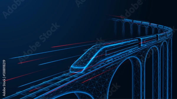 Fototapeta A bullet train rushing across a railway bridge. A low-poly design made of interconnected elements. Blue background.
