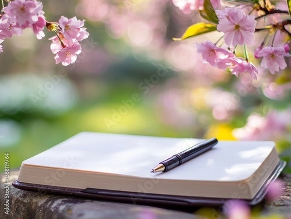 Fototapeta A leather journal and pen rest on a weathered stone bench under blooming cherry blossoms. Soft sunlight filters through, creating a serene, inspiring, and nostalgic atmosphere for reflection.