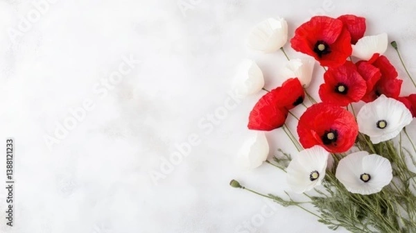 Fototapeta Red and white poppies form a bouquet on a white marble background. The image is high-resolution with bright, natural lighting. A minimalist style conveys serenity. The contrast of colors is striking