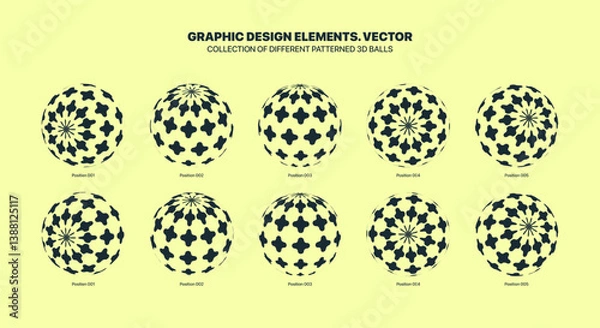 Fototapeta Assorted Various Black 3D Balls In Different Positions With Halftone Cross Pattern Vector Graphic Set Isolated On Yellow Background. Contemporary Graphic Variety 3D Spheres Design Elements Bundle