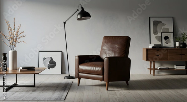 Fototapeta Modern Scandinavian Living Room with Leather Recliner and Minimalist Decor