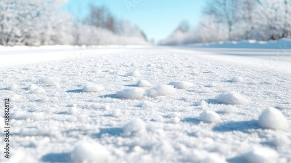 Fototapeta A snowy road is depicted, covered in small, textured snow piles. The background shows blurred, snow-covered trees and a clear sky. The image is high-quality, with soft lighting and a shallow depth o
