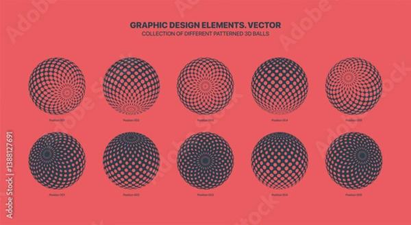 Obraz Assorted Various Black 3D Balls In Different Positions With Offset Halftone Dots Pattern Vector Graphic Set Isolated On Red Background. Contemporary Graphics Variety 3D Spheres Design Elements Bundle