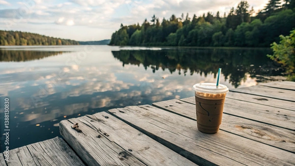 Fototapeta Iced coffee resting on a weathered dock with a serene lake view and lush greenery during a calm afternoon