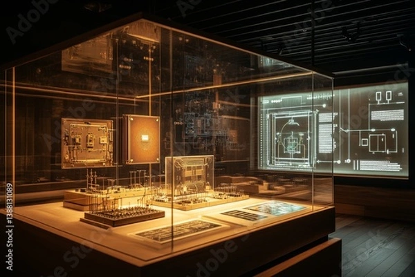 Obraz Ancient golden artifact displayed in glass case under spotlights