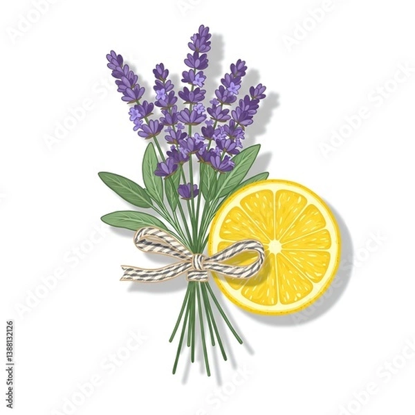 Obraz Lavender and lemon herbal sticker with bow on white background