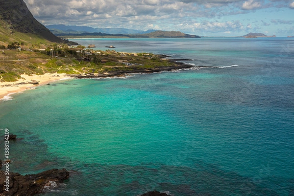 Obraz Beautiful View from Makapu Lookout with Makapuu Beach, Kaohikaipu Island and Manana Island, being both of the islands Seabird Sanctuaries, Hawaii