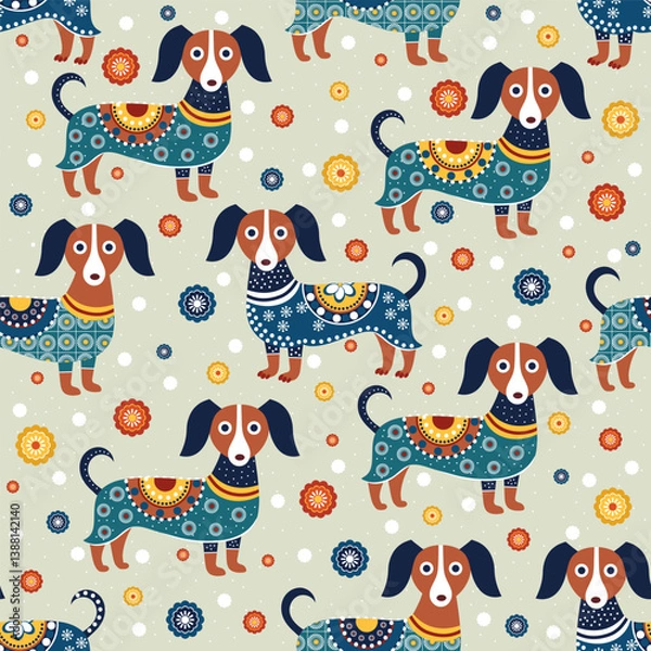 Fototapeta colored dog on a light background in an ornament . seamless pattern