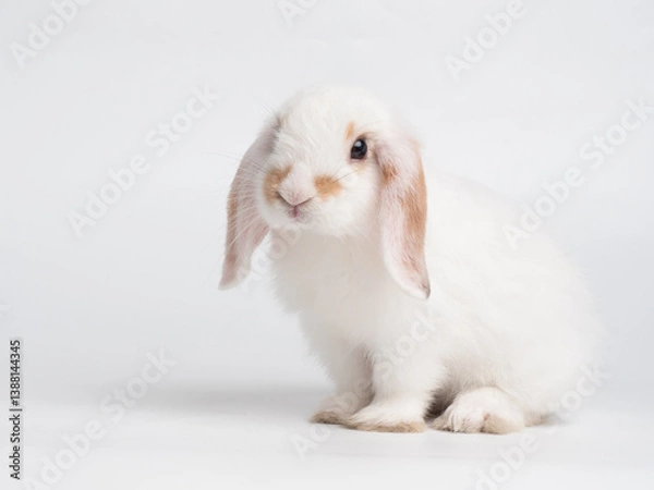 Fototapeta White broken holland lop rabbit sitting isolated on white background. Lovely action of holland lop rabbit.