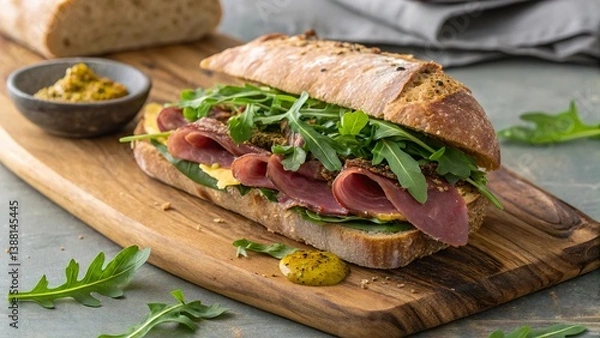 Obraz Delicious black forest ham sandwich on artisanal bread topped with fresh arugula and a hint of mustard for flavor