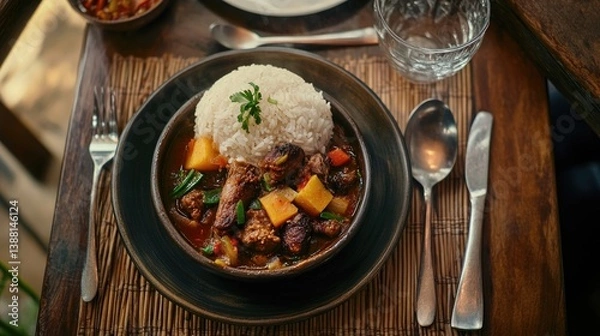 Fototapeta Moi moi served alongside a dish of rice and stew, presented on a traditional table setting