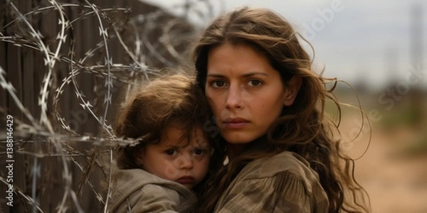 Fototapeta A refugee family at the border near a barbed wire barrier. Generative AI.