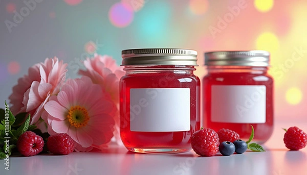Fototapeta Mockup of a glass jar with berry jam and a blank label for placing a logo or signature.