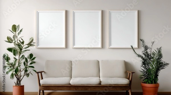 Fototapeta Three empty white picture frames on minimalist background
