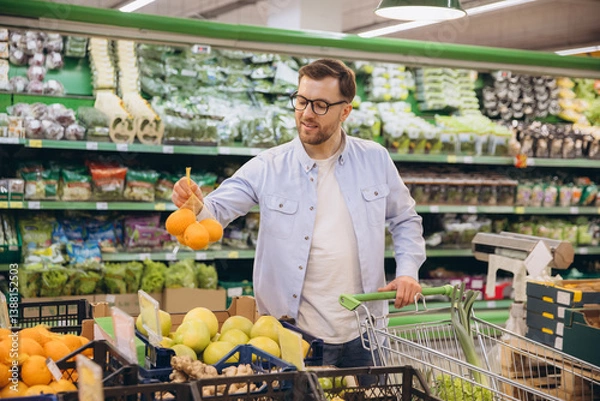 Fototapeta Smiling customer choosing oranges in supermarket with shopping cart