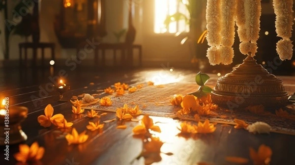 Fototapeta An elegant depiction of traditional Onam decorations in a home