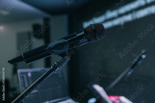 Obraz Close-up of a microphone on a stand in a dimly lit studio or stage with blurred background and a laptop screen visible