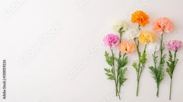 Fototapeta Colorful artificial flowers arranged in rows on a white background