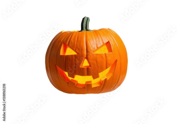 Fototapeta floating Halloween pumpkin with a carved face, perfectly horizontal, on a solid white background