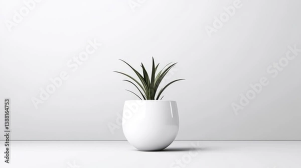 Obraz A small, green plant sits in a smooth, white, round pot. The minimalist composition features a plain white background. The image is high quality with even lighting. The style is clean and modern, cr