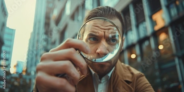 Obraz Businessman looking through a magnifying glass, searching, monitoring the situation, Generative AI.