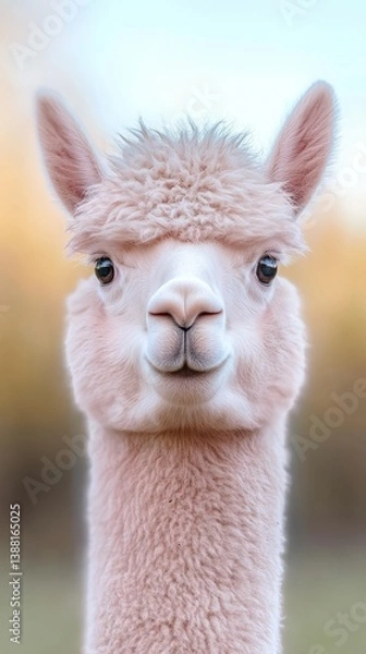 Fototapeta The cute pink alpaca stands proudly, showcasing its soft fur and curious expression against a blurred background, capturing the essence of a serene day