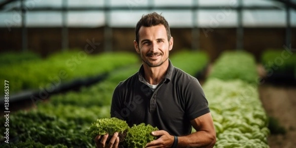 Obraz Hands of a man holding a small seedling in a greenhouse. Organic farm products. Generative AI.