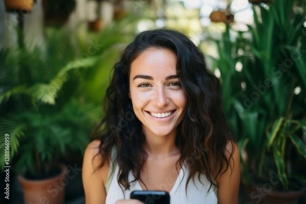 Obraz Young beautiful smiling happy girl taking selfie. Generative AI.