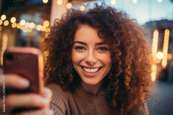 Obraz Young beautiful smiling happy girl taking selfie. Generative AI.