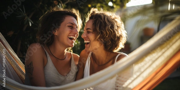 Obraz Happy lesbian couple in a hammock. Girls relax in nature, laugh with happiness. Generative AI.