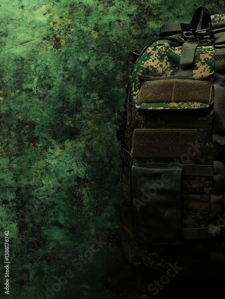 Obraz Camouflage tactical backpack against a mottled green background