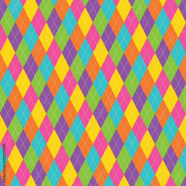 Obraz Seamless colorful rainbow argyle pattern, diamond and harlequin geometric pattern. Vector decorative ornamental checkered rhombus background