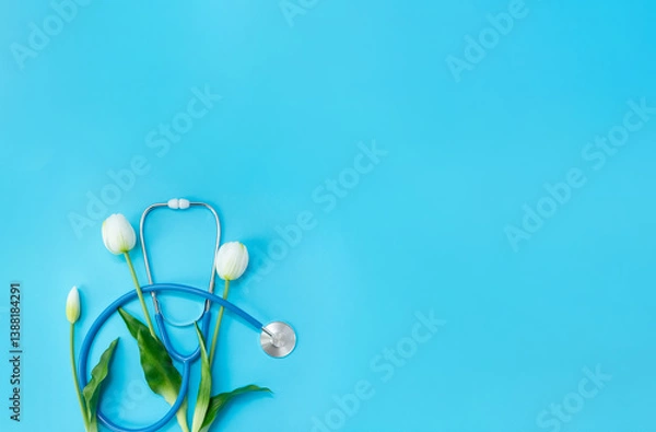 Fototapeta Medical stethoscope and tulip flowers on blue background. Greeting card for Doctor's or Nurse's Day. Selective focus, place for text