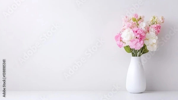Fototapeta A white vase with pink and white flowers on a minimalist table, elegant floral arrangement against a plain background, and serene home decor concept.