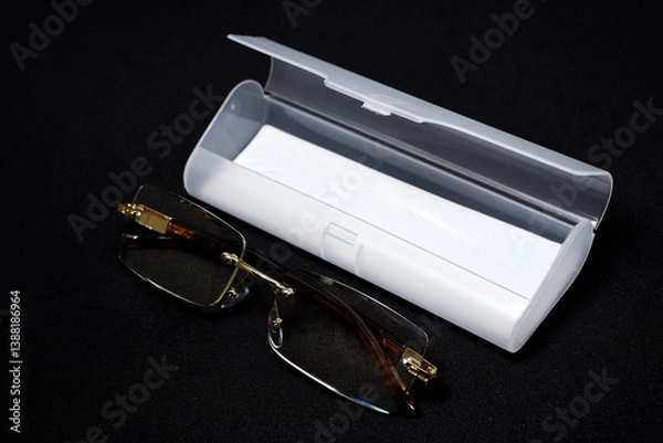 Obraz Corrective glasses with a case on a black background.