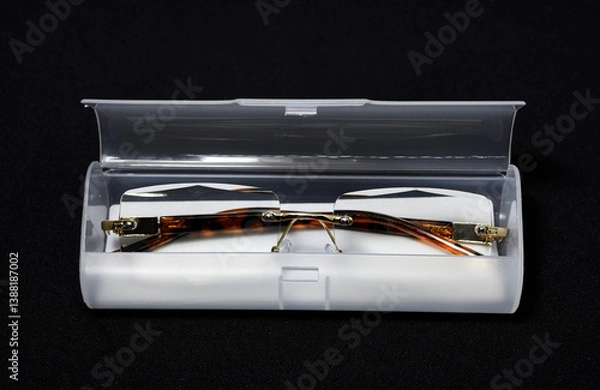 Fototapeta Corrective glasses with a case on a black background.