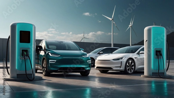 Fototapeta Electric vehicles charging at a modern station surrounded by wind turbines in an eco-friendly setting