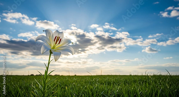 Fototapeta Lily in field under dynamic cloudy sky symbolizing hope.