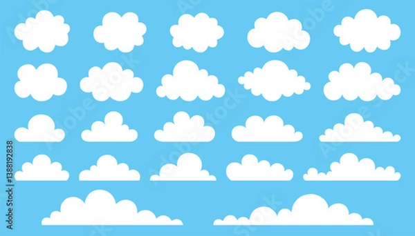 Obraz Set of cartoon clouds with various shapes on blue sky background. Simple and cute white puffy cloud. Vector hand drawn illustration in flat style.