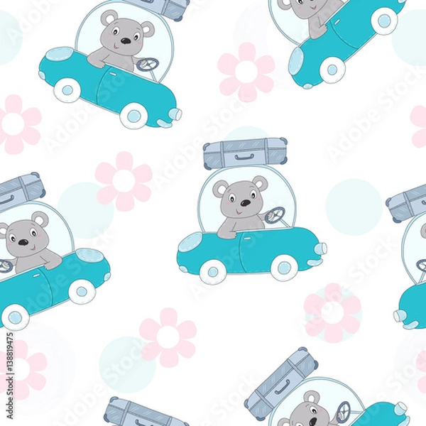 Fototapeta seamless pattern with cute teddi bear in the car vector illustration