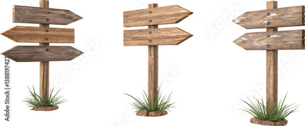 Fototapeta Three rustic wooden signposts with blank arrows, perfect for directional guidance.