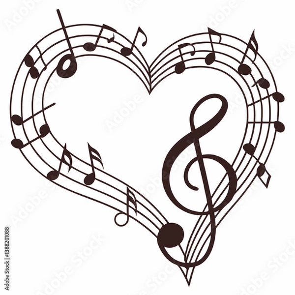 Obraz Simple heart-shaped music notes illustration with treble and clef on a white background, perfect for music-themed designs and creative projects.