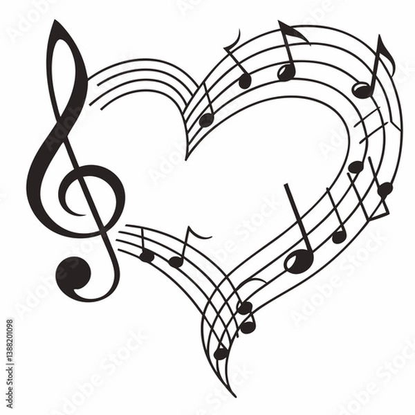 Obraz Simple heart-shaped music notes illustration with treble and clef on a white background, perfect for music-themed designs and creative projects.