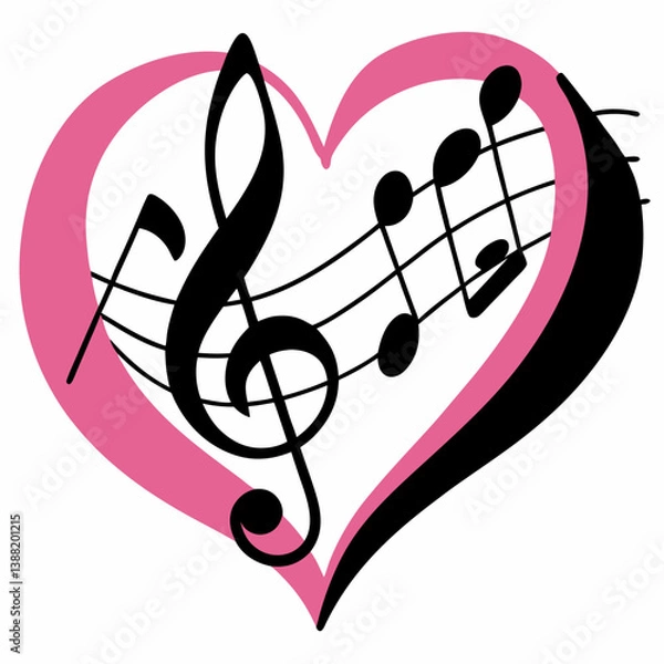 Obraz Simple heart-shaped music notes illustration with treble and clef on a white background, perfect for music-themed designs and creative projects.