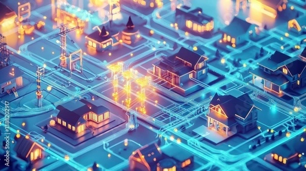 Fototapeta A digital visualization of a smart energy grid connected to urban homes and industries, optimizing power distribution seamlessly.