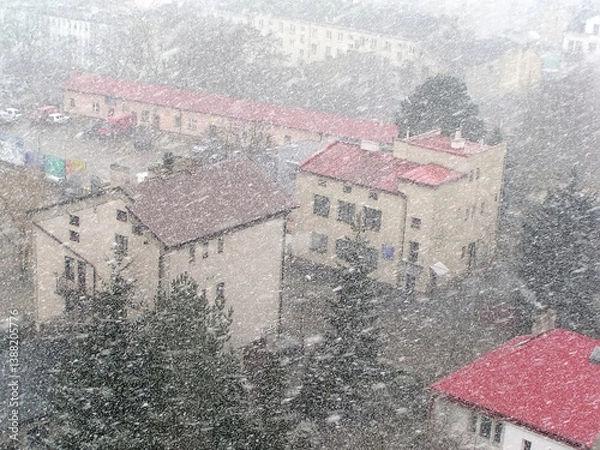 Fototapeta Obfite i gęste opady śniegu w mieście (Ostrowiec Świętokrzyski). Płatki śniegu przesłaniają widok, tworząc rozmyty efekt na beżowych i jasnych strukturach. Pośród opadów śniegu dachy domów.