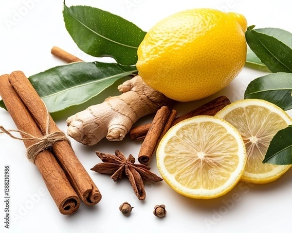 Fototapeta Fresh lemon and spices arranged on a white background.